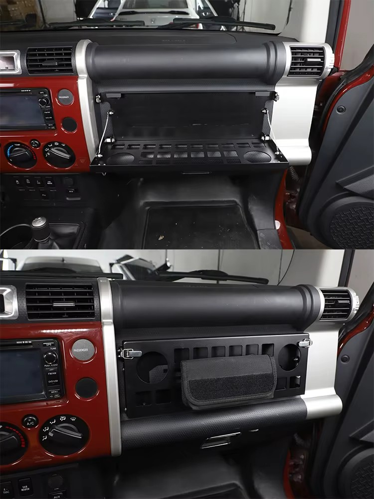 Toyota FJ Cruiser 2007–2021 Folding Co-Pilot Storage Rack – Multifunctional Cup & Food Tray, Aluminum Interior Accessory