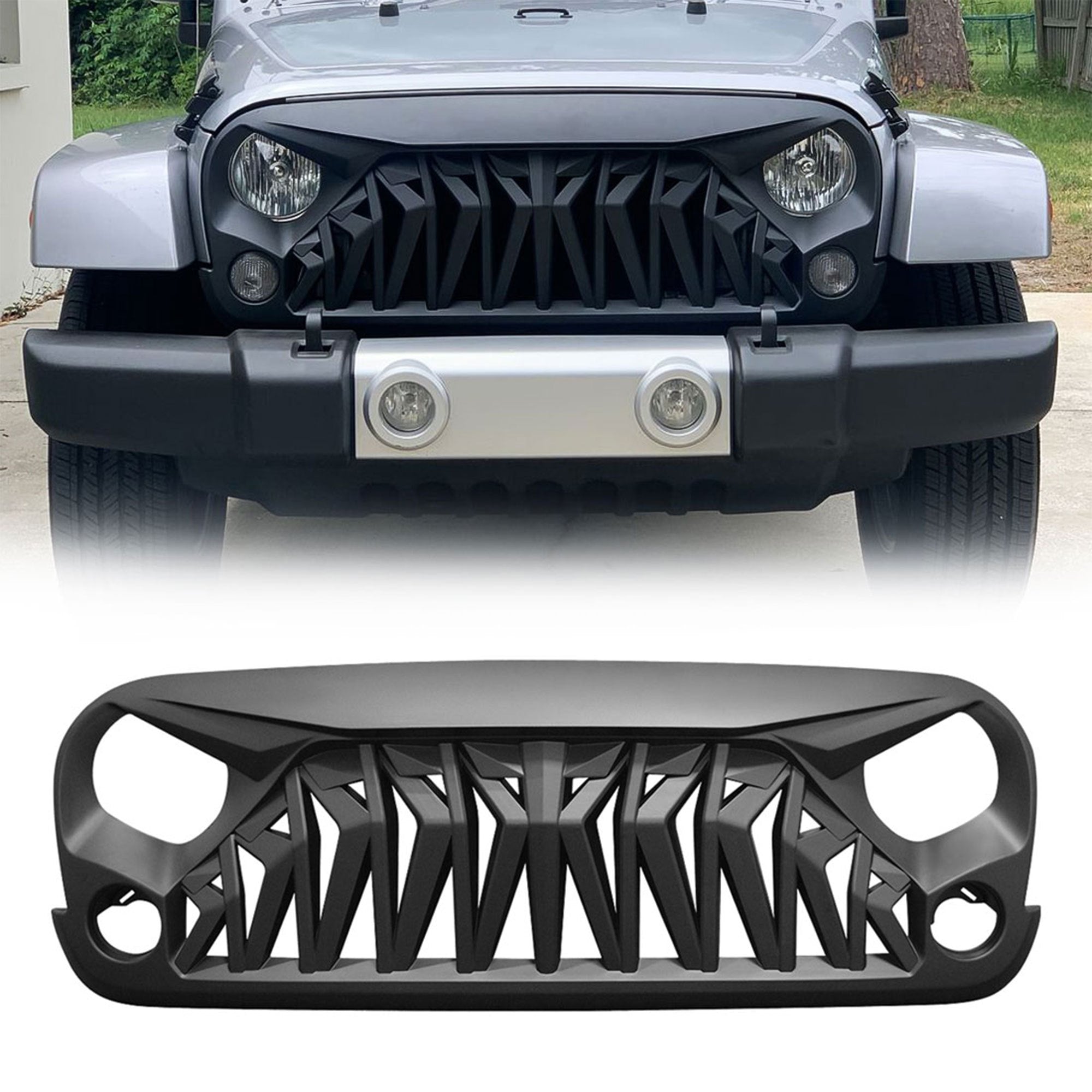 2007-2018 Jeep Wrangler JK/JKU Front Grille – Aggressive Viper & Shark-Inspired, Matte Black ABS