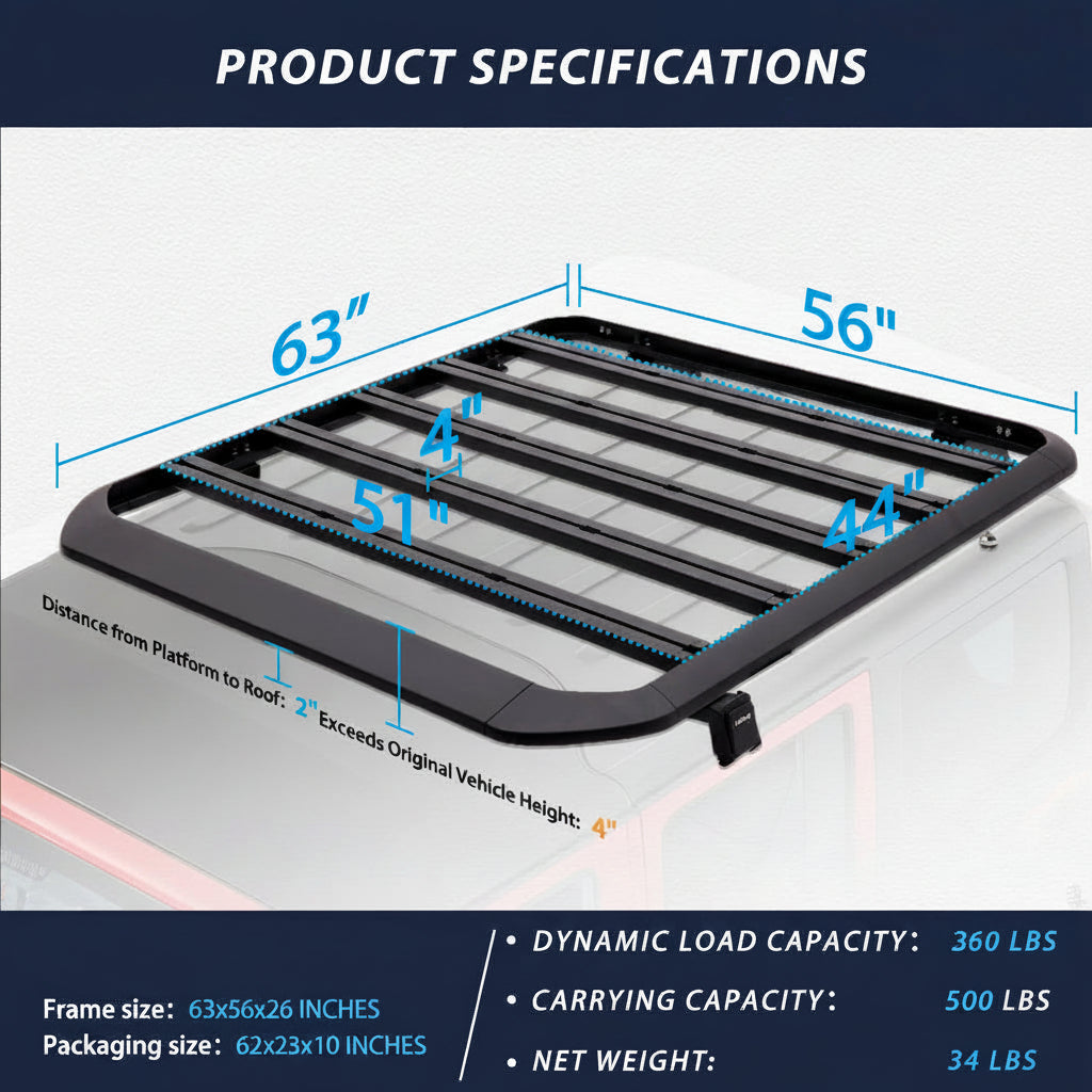 2007-2018 Jeep Wrangler JK JKU Aluminum Roof Rack Cargo Basket