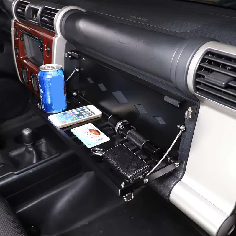 Toyota FJ Cruiser 2007–2021 Folding Co-Pilot Storage Rack – Multifunctional Cup & Food Tray, Aluminum Interior Accessory