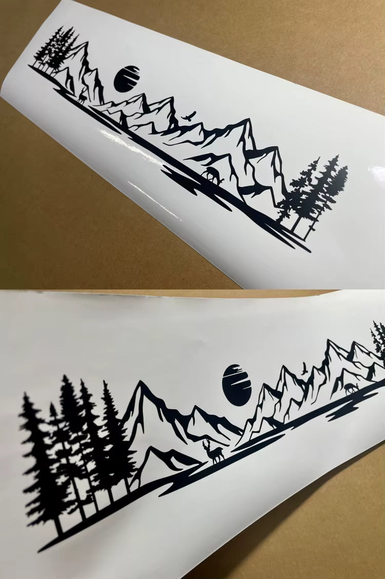 Mountain Forest Deer Sunrise Scene Vinyl Decal for RV SUV Truck Camper
