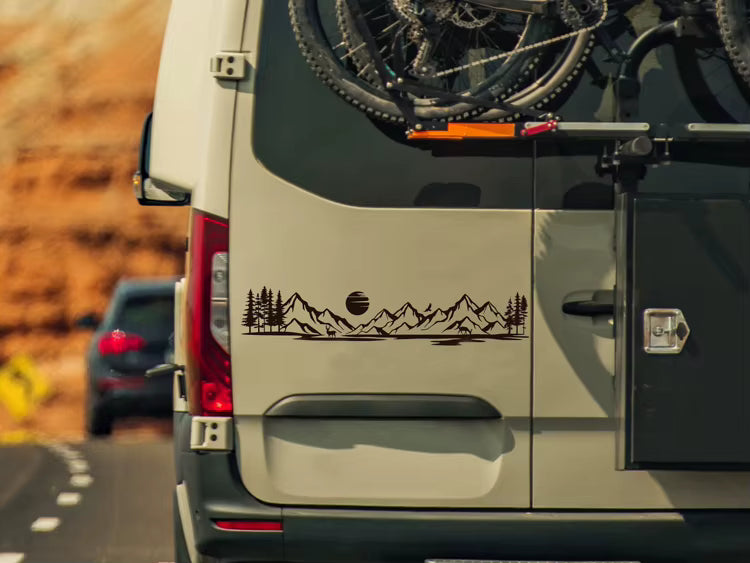 Mountain Forest Deer Sunrise Scene Vinyl Decal for RV SUV Truck Camper