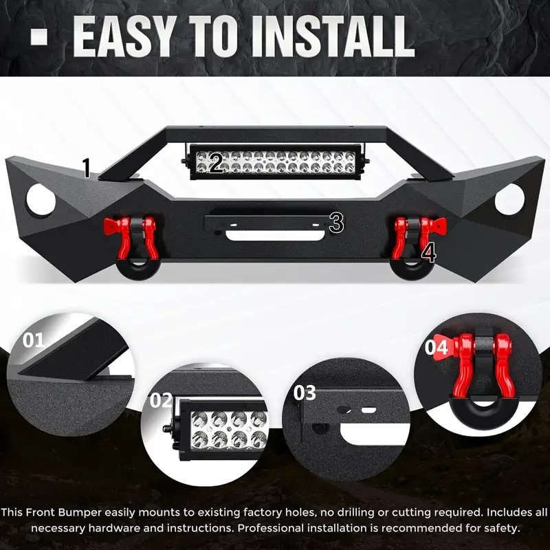 2007–2018 Jeep Wrangler JK/JKU Heavy Duty Front Bumper D-Rings LED Bar