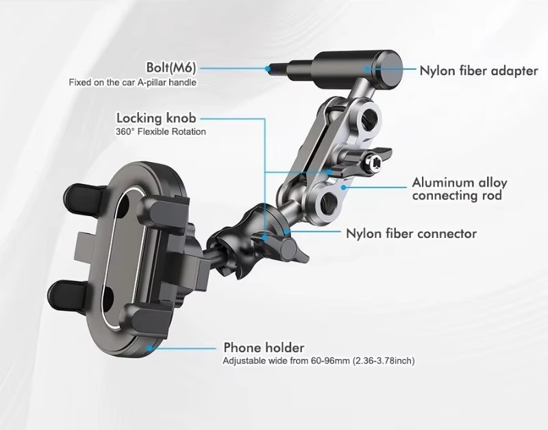 Adjustable 360° Off-Road Vehicle Mobile Phone Holder – Mount to A/B/C Pillar Handles, Aluminum Alloy, Universal Fit