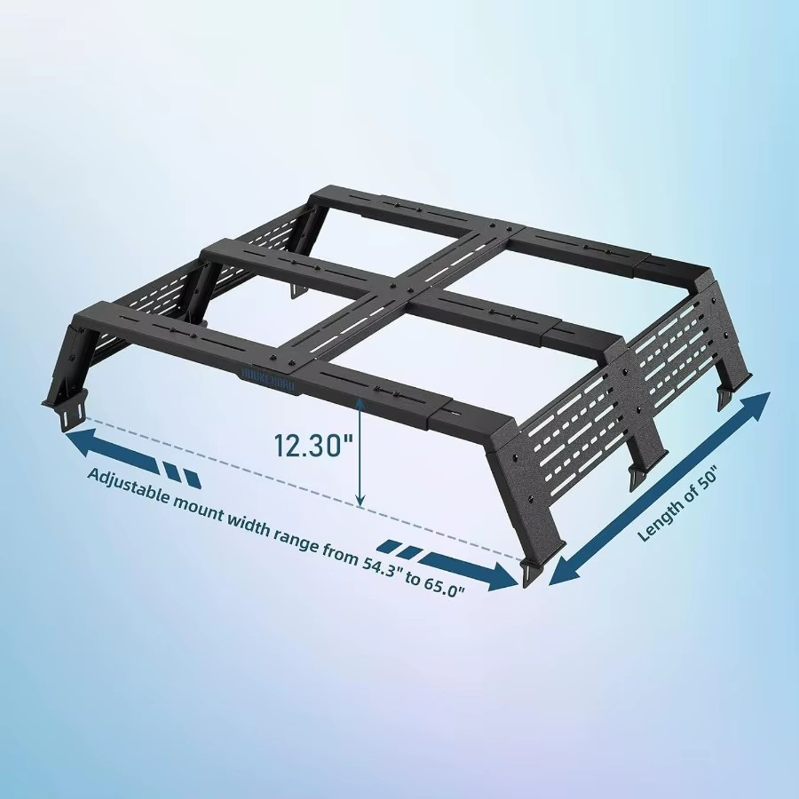 Universal Overland Truck Bed Rack Cargo Carrier – 50" x 54.3–65" x 12.3", 800 lb Static Load, Heavy-Duty Steel for Mid-Size Trucks
