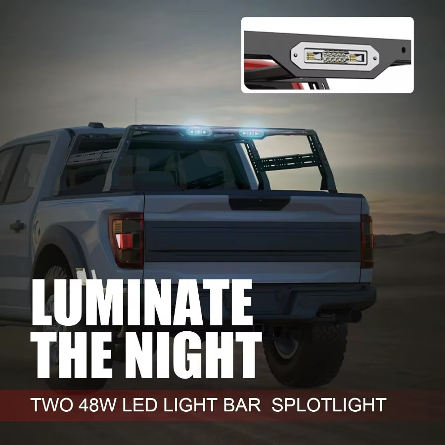 Universal Extendable 55-66" Truck Bed Cargo Rack – Heavy-Duty Overland Adjustable Carrier with 2×48W LED Spotlights, 750 lb Load