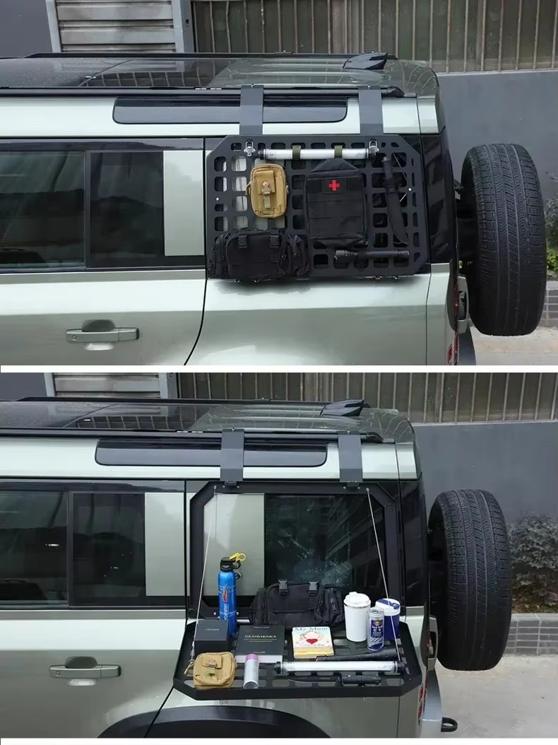 2020-2025 Land Rover Defender 110 Rear Trunk Window Armor - Aluminum Alloy, MOLLE Panel, Folding Table Tray